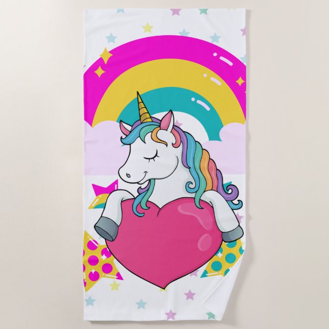 Rainbow Unicorn with Stars   Beach Towel (Front)