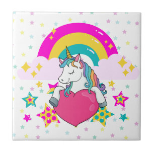 Rainbow Unicorn with Stars Ceramic Tile