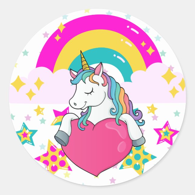 Rainbow Unicorn with Stars  Classic Round Sticker (Front)