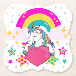 Rainbow Unicorn with Stars   Paper Coaster