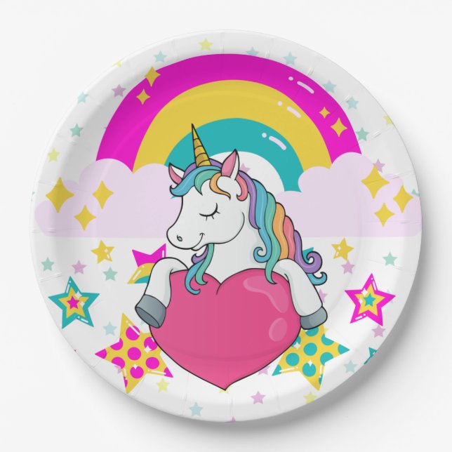 Rainbow Unicorn with Stars Paper Plates (Front)