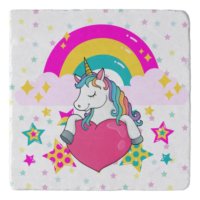 Rainbow Unicorn with Stars   Trivet (Front)
