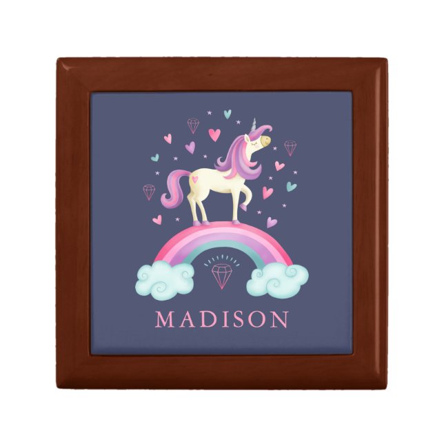 Rainbow Unicorn Wooden Jewelry Keepsake Box (Front)