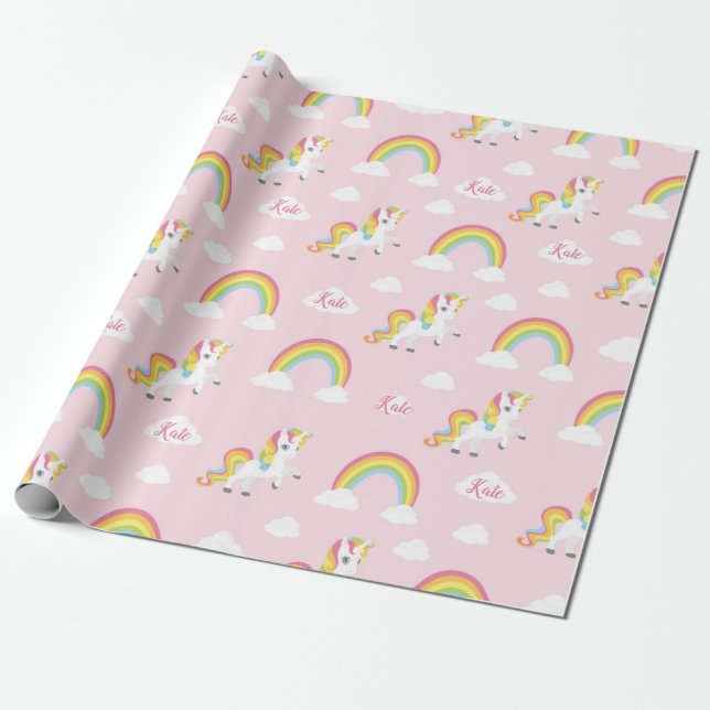 Rainbow Unicorn Wrapping Paper (Personalized) Pink (Unrolled)