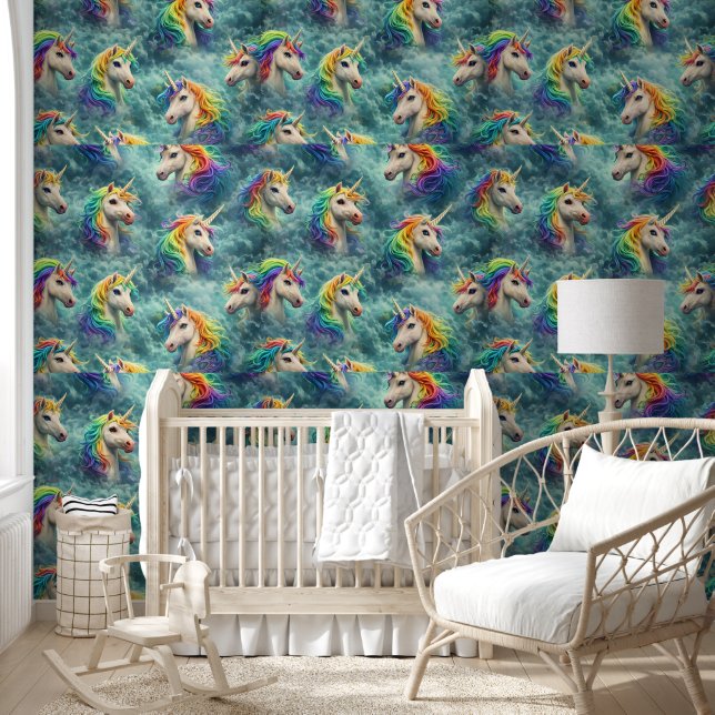 Rainbow unicorns and magical teal clouds fant tear wallpaper  (Kids)