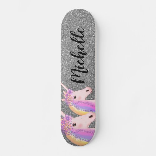 Rainbow Unicorns Girly Silver Glitter Personalized Skateboard