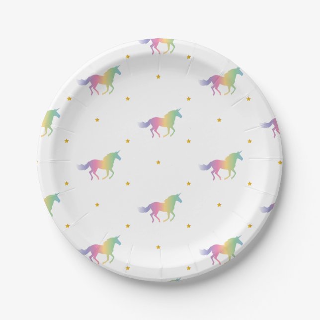 Rainbow Unicorns & Gold Stars Pattern Paper Plates (Front)