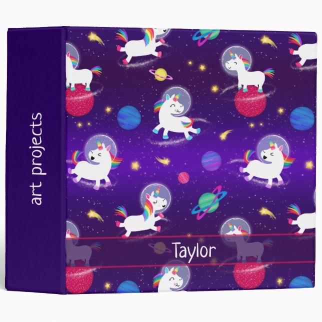 Rainbow Unicorns In Space Purple Ombre 3 Ring Binder (Front/Spine)