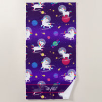 Rainbow Unicorns In Space Purple Ombre Beach Towel