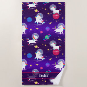 Rainbow Unicorns In Space Purple Ombre Beach Towel