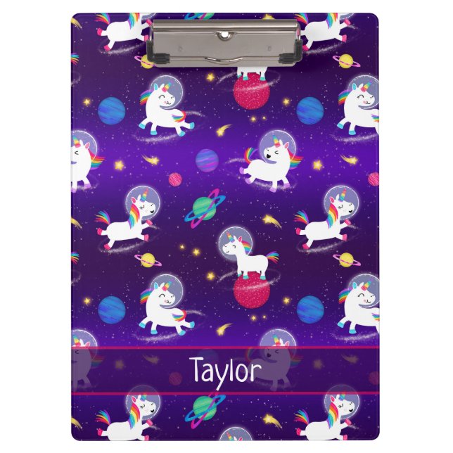 Rainbow Unicorns In Space Purple Ombre Clipboard (Front)
