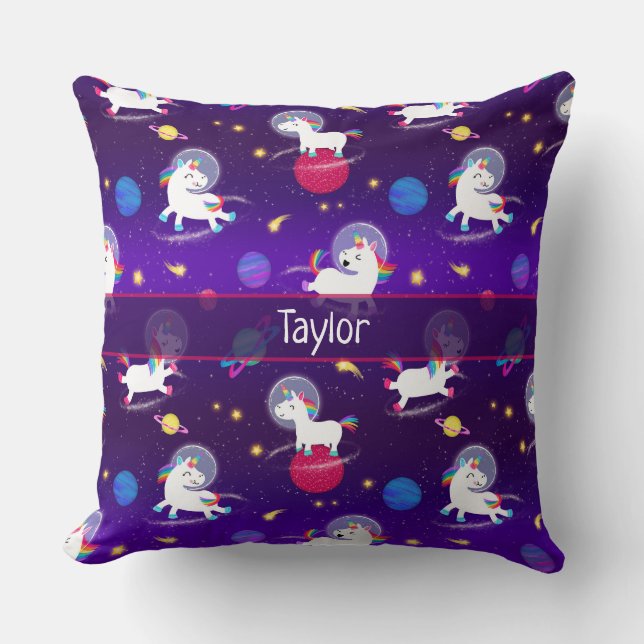 Rainbow Unicorns In Space Purple Ombre Throw Pillow (Front)