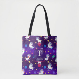 Rainbow Unicorns In Space Purple Ombre Tote Bag