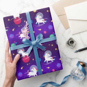 Rainbow Unicorns In Space Purple Ombre Wrapping Paper