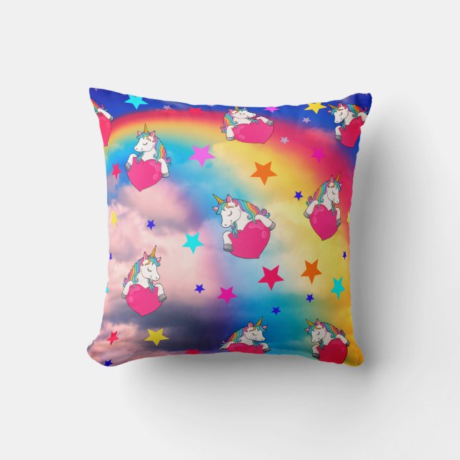 Rainbow Unicorns In The Clouds Throw Pillow (Front)