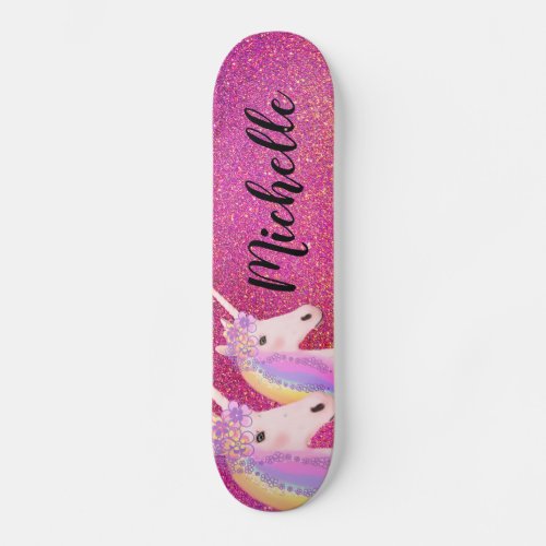 Rainbow Unicorns Pink Glitter Sparkle Personalized Skateboard