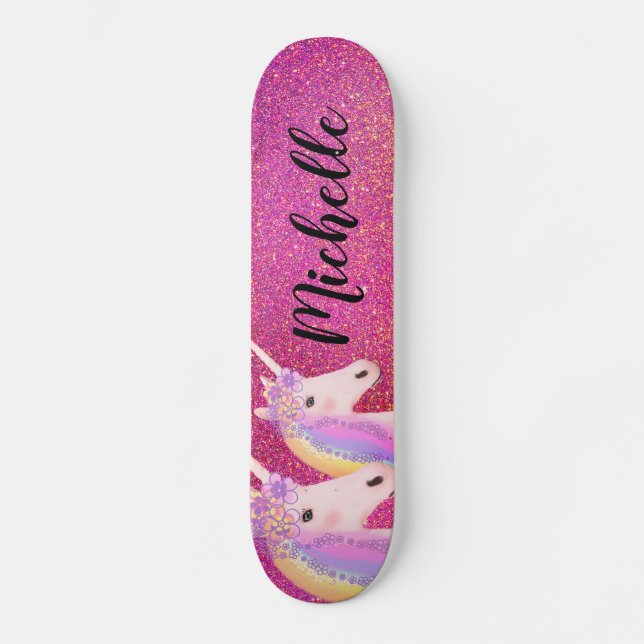 Rainbow Unicorns Pink Glitter Sparkle Personalized Skateboard (Front)