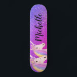 Rainbow Unicorns Purple Pink Glitter Personalized Skateboard<br><div class="desc">Rainbow Unicorns Purple Pink Glitter Personalized Skateboard makes a great gift idea for a girl who loves unicorns and skateboarding. The board is designed with cool bright purple and pink faux glitter ombre background and one small unicorn and one bigger unicorn. They have pretty rainbow hair and flowers on top...</div>