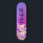 Rainbow Unicorns Purple Pink Glitter Personalized Skateboard<br><div class="desc">Rainbow Unicorns Purple Pink Glitter Personalized Skateboard makes a great gift idea for a girl who loves unicorns and skateboarding. The board is designed with cool bright purple and pink faux glitter ombre background and one small unicorn and one bigger unicorn. They have pretty rainbow hair and flowers on top...</div>
