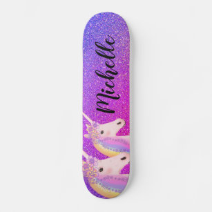 Rainbow Unicorns Purple Pink Glitter Personalized Skateboard