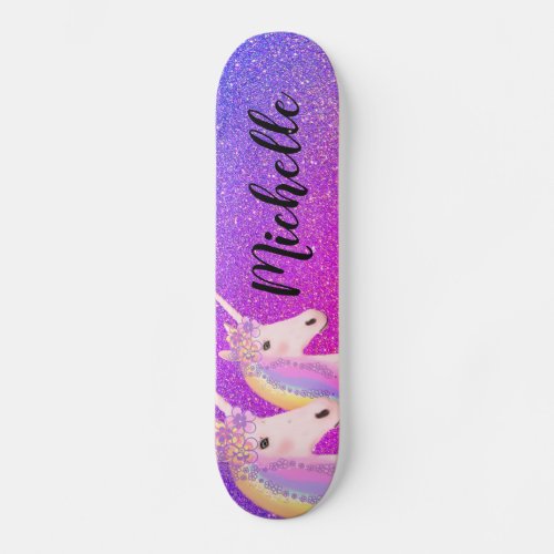 Rainbow Unicorns Purple Pink Glitter Personalized Skateboard