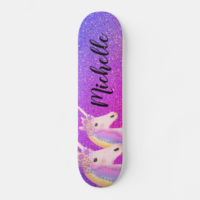 Rainbow Unicorns Purple Pink Glitter Personalized Skateboard (Front)