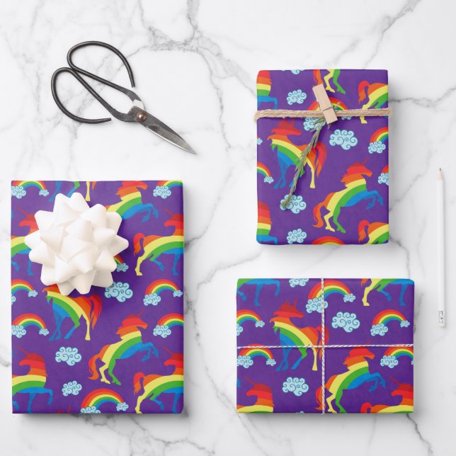 Rainbow Unicorns Wrapping Paper Sheets (Front)