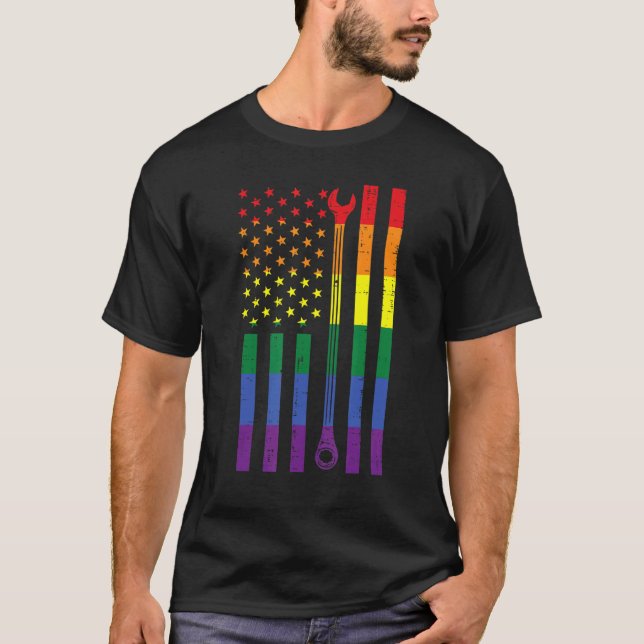 Rainbow Us American Flag Wrench Gay Lgbtq Pride Me T-Shirt (Front)