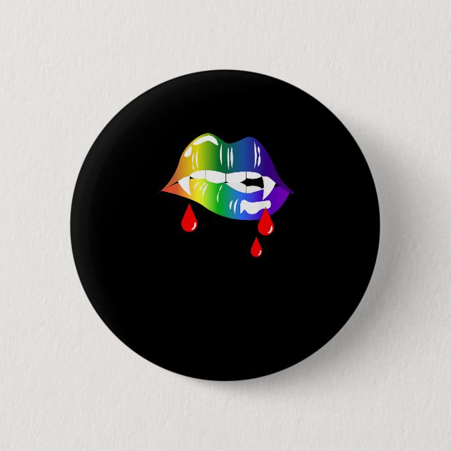 Rainbow Vampire Lips Biting - LGBT Pride T-Shirt Button (Front)