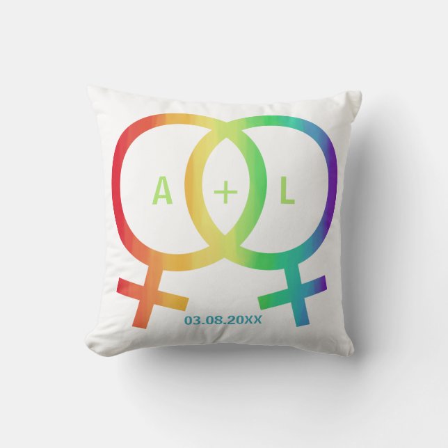 Rainbow Venus Symbols | Lesbian Wedding Throw Pillow (Front)