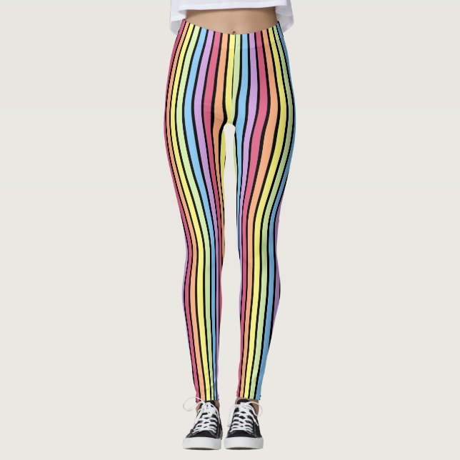 Rainbow  Vertical Stripes Pastel Black Leggings (Front)