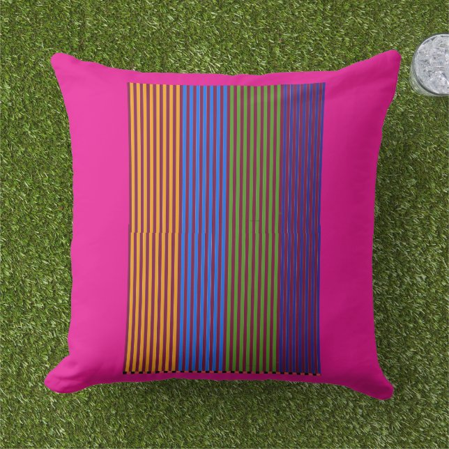 Rainbow Vertical Strips + Trim Decorative Pink Outdoor Pillow (Grass)
