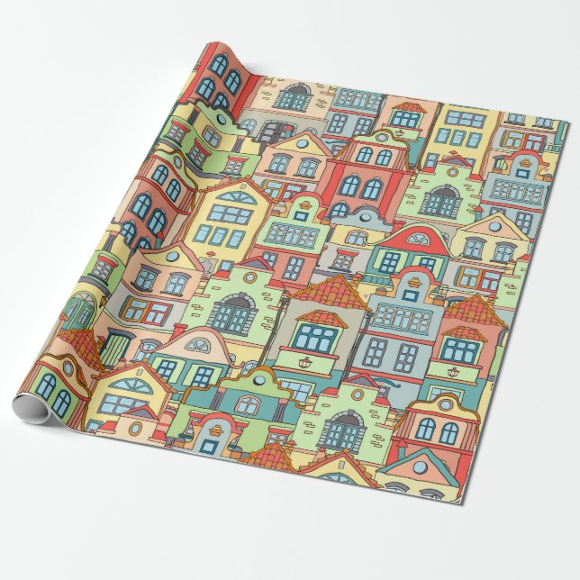 Rainbow Village Neighborhood City Homes Welcome 2 Wrapping Paper (Unrolled)