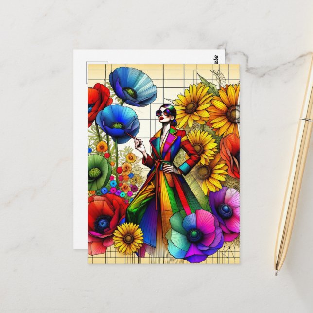 Rainbow Vintage Fashion Sketch Postcard (Front/Back In Situ)