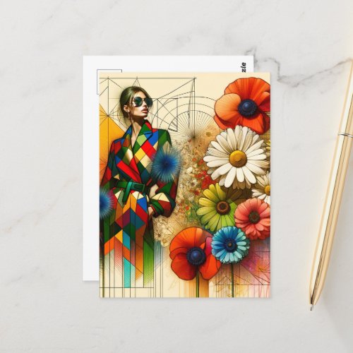 Rainbow Vintage Flowers Fashion Sketch Postcard