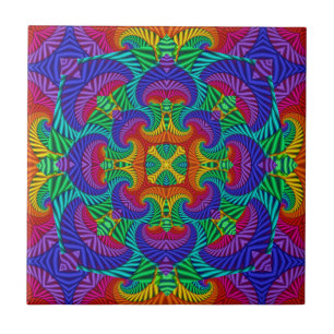 Rainbow Vintage Psychedelic Fractal Kaleidoscope Ceramic Tile