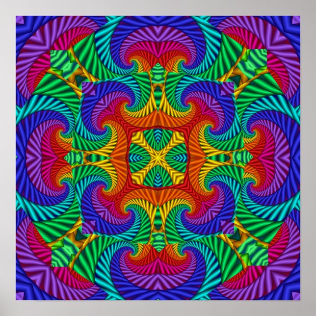 Rainbow Vintage Psychedelic Fractal Kaleidoscope Poster (Front)