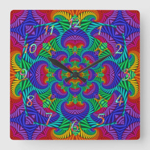 Rainbow Vintage Psychedelic Fractal Kaleidoscope Square Wall Clock