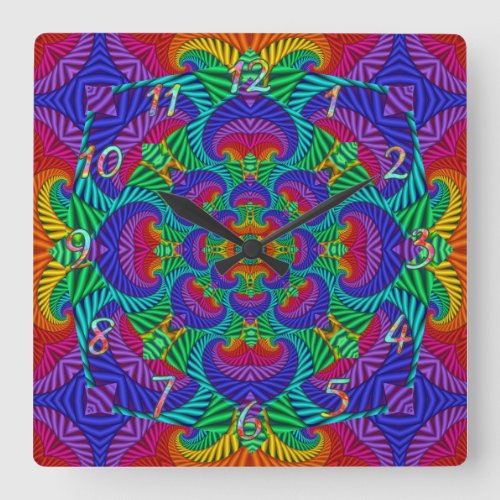 Rainbow Vintage Psychedelic Fractal Kaleidoscope Square Wall Clock