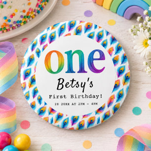 Rainbow Watercolor 1st Birthday Colorful Baby Button