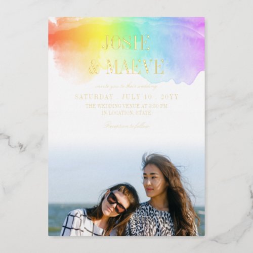 Rainbow Watercolor 2 in 1 Photo Wedding Foil Invitation
