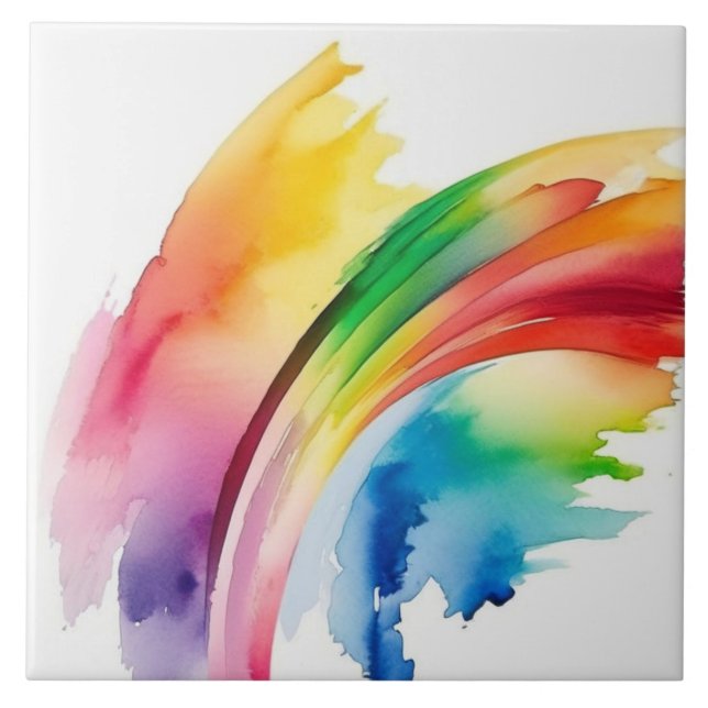 Rainbow Watercolor Abstract Ceramic Tile (Front)