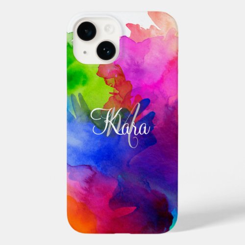 Rainbow Watercolor Abstract Name Monogram Case_Mate iPhone 14 Case
