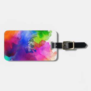 Rainbow Watercolor Abstract Name Monogram Luggage Tag