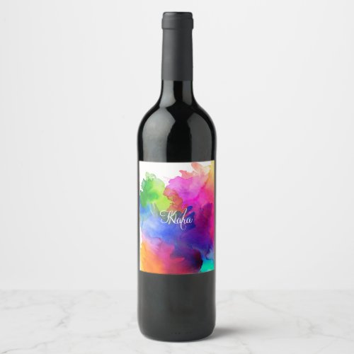 Rainbow Watercolor Abstract Name Monogram Wine Label