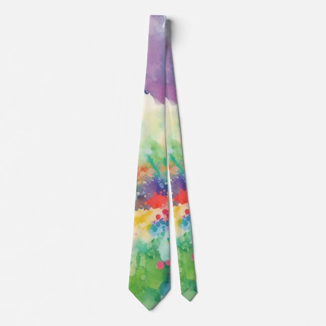 Rainbow Watercolor Abstract Neck Tie (Front)