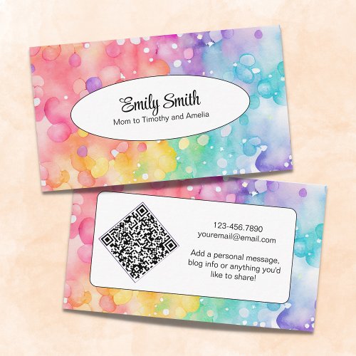 Rainbow Watercolor Abstract QR Code Playdate Mommy Calling Card