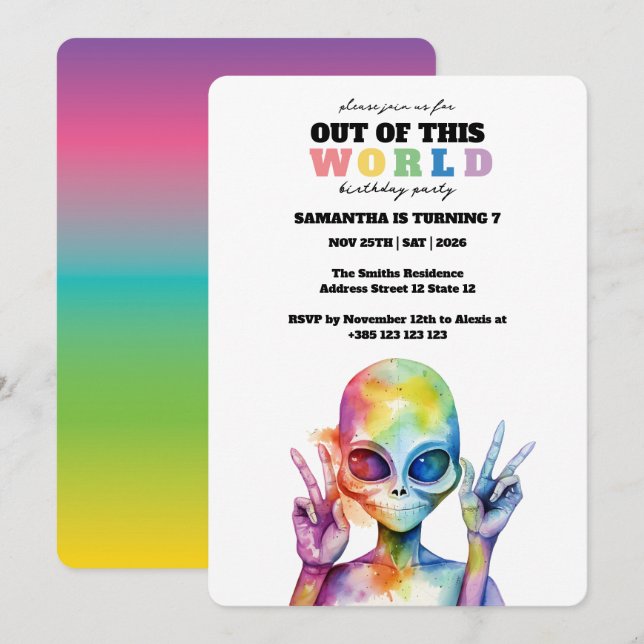 Rainbow Watercolor Alien Birthday Party Invitation (Front/Back)
