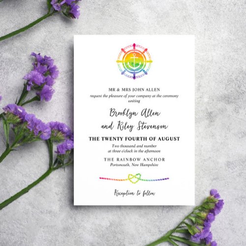 Rainbow Watercolor Anchor Nautical LGBT Wedding Invitation