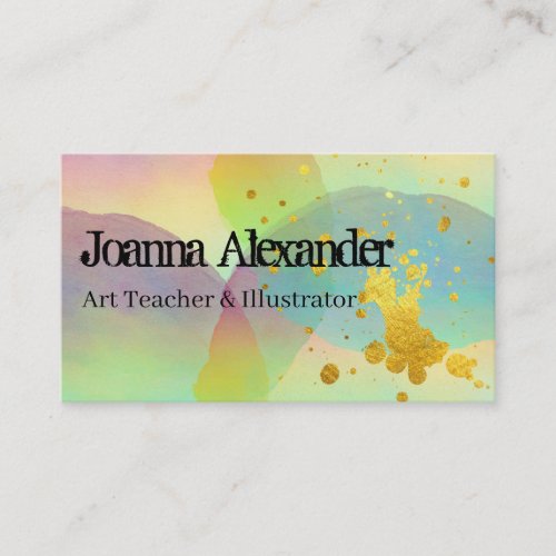 Rainbow Watercolor and Gold Paint Business Card